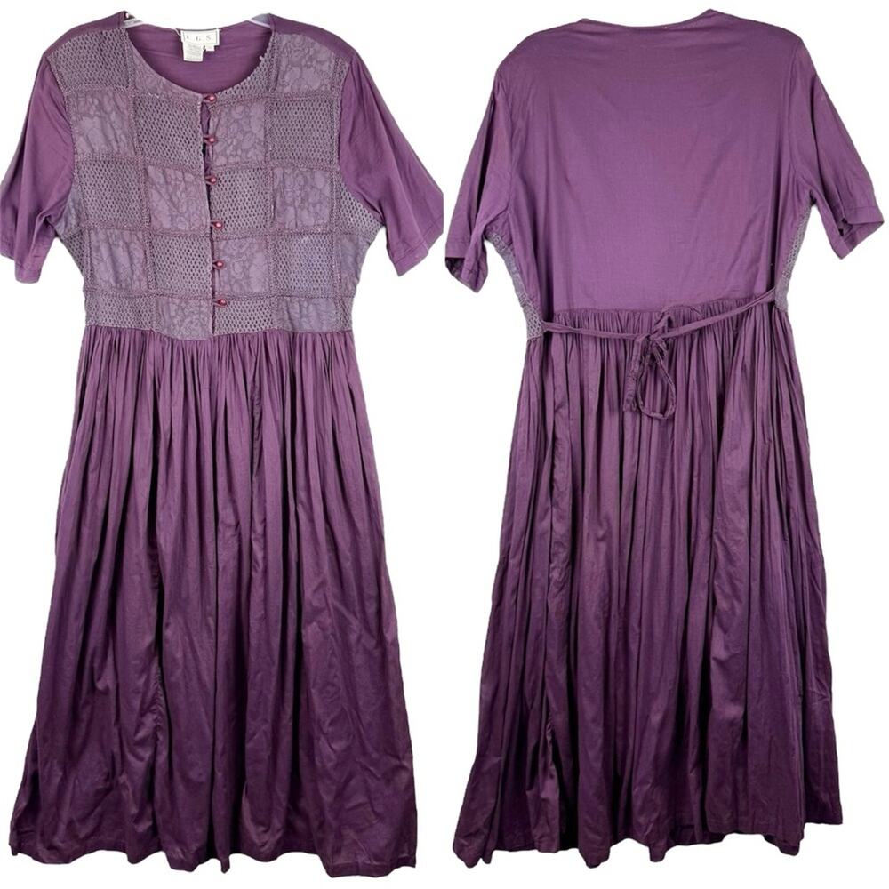 Vintage Cottagecore Prairie Quilted Lagenlook Cotton Ankle Dress‎ Dark Purple 14